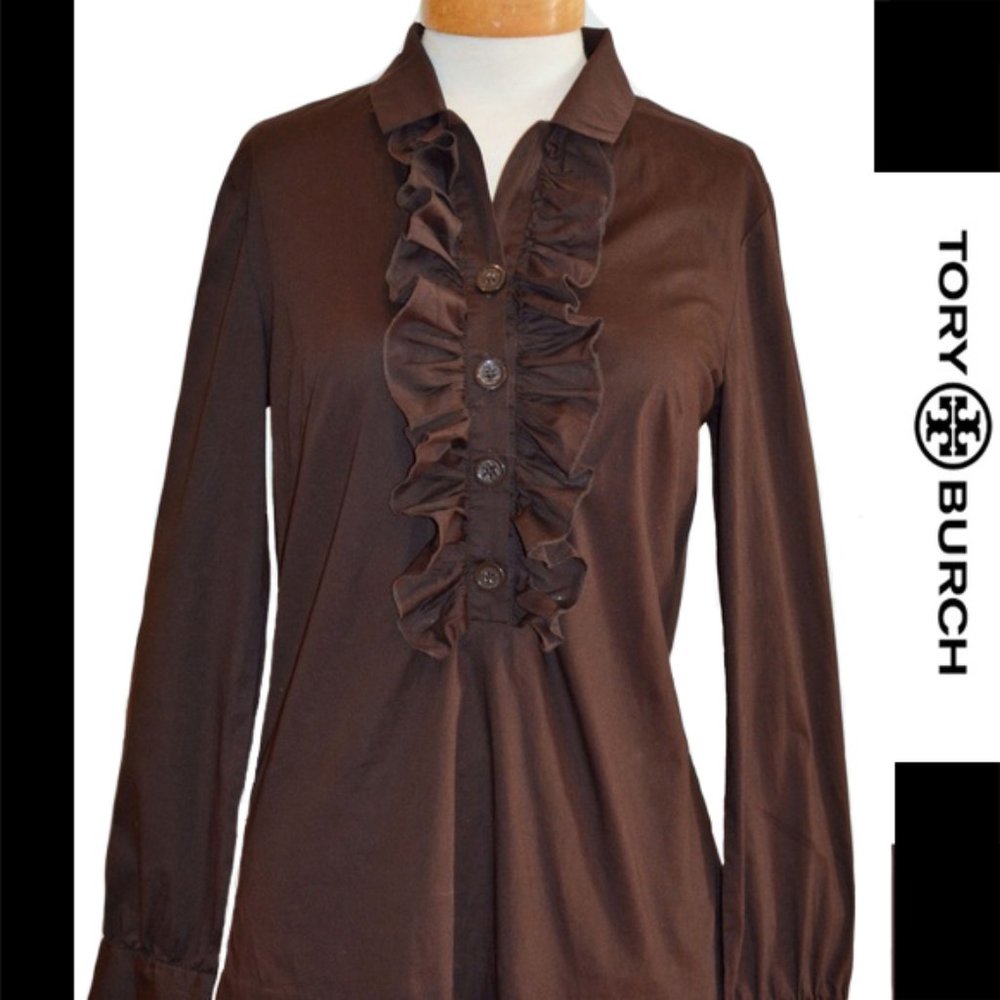 Tory Burch Chocolate Brown Ruffle Front Blouse